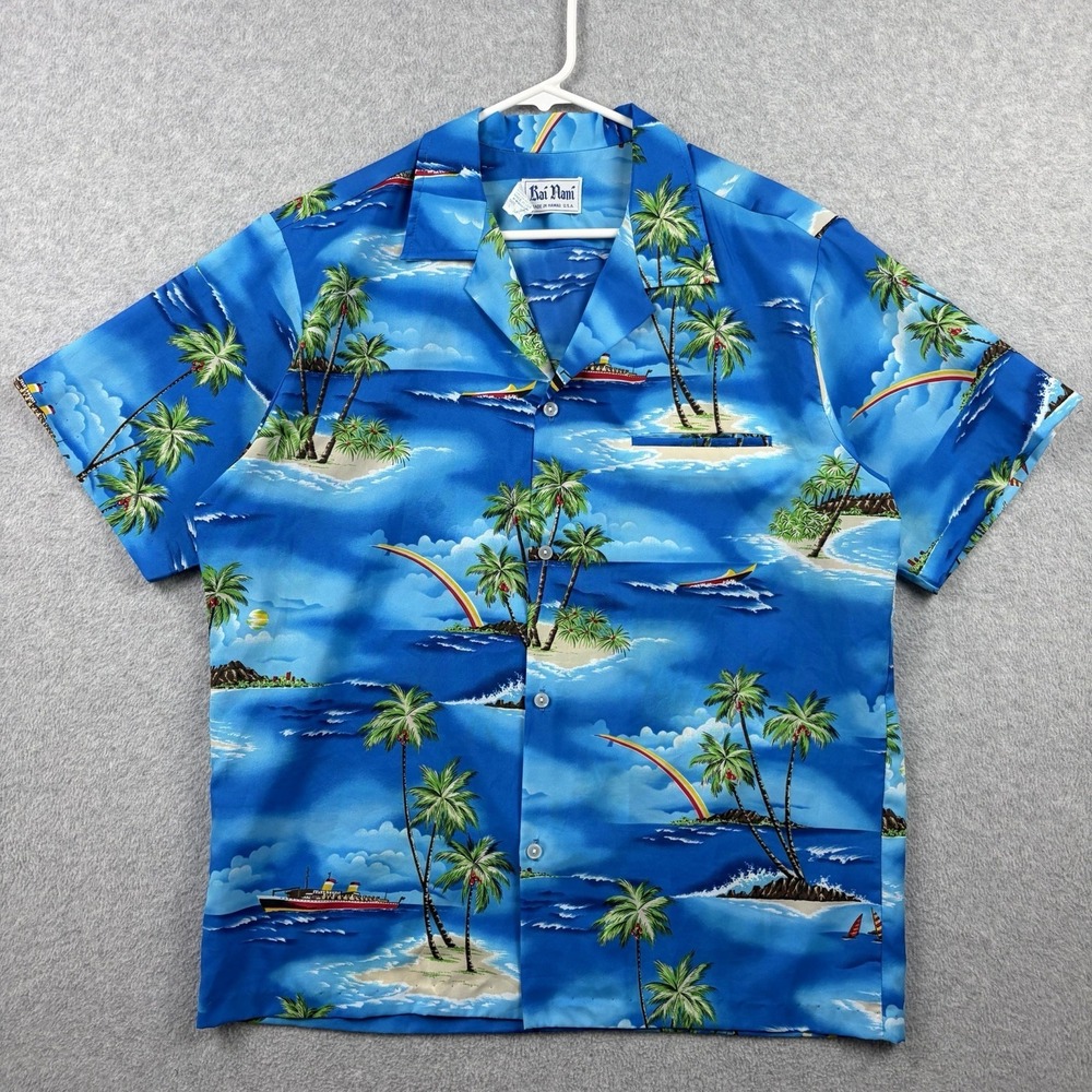 Vintage 70s Hawaiian Shirt Men's Large Blue Camp Floral Aloha Retro USA Made